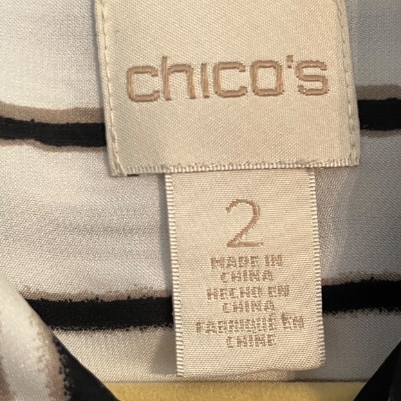 Chicos Top Women M Black Striped Tunic Neutral Minimalist Capsule Old Money 80s - Picture 3 of 16